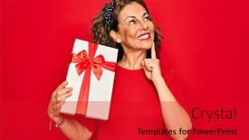  Presentation with idea - Beautiful slide deck featuring middle-age-senior-woman-holding backdrop and a crimson colored foreground