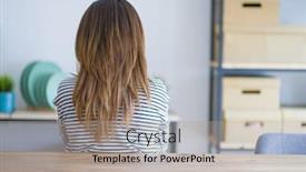  Presentation with standing sitting - Slide deck enhanced with middle age senior woman sitting at the table at home standing backwards looking away with crossed arms background and a coral colored foreground