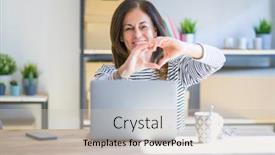  Presentation with computer love - Presentation design consisting of middle age senior woman sitting at the table at home working using computer laptop smiling in love doing heart symbol shape with hands romantic concept background and a soft green colored foreground