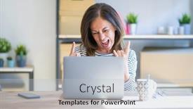  Presentation with computer music - Slide set with middle age senior woman sitting at the table at home working using computer laptop shouting with crazy expression doing rock symbol with hands up music star heavy concept background and a lemonade colored foreground