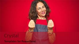  Presentation with salary - Beautiful presentation featuring middle age senior woman wearing apron uniform over red isolated background doing money gesture with hands asking for salary payment millionaire business backdrop and a crimson colored foreground