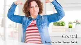  Presentation with senior fitness - Cool new PPT layouts with middle age senior woman with curly hair wearing denim jacket at home showing arms muscles smiling proud fitness concept backdrop and a white colored foreground