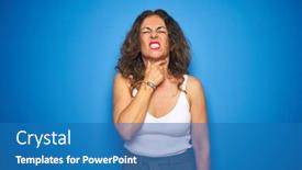  Presentation with sore throat - Slide set featuring middle age senior woman with curly hair standing over blue isolated background touching painful neck sore throat for flu clod and infection background and a teal colored foreground