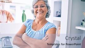  Presentation with community assistance - Slides with middle-age-shop-assistance-woman background and a light blue colored foreground