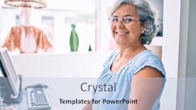  Presentation with retail - Beautiful PPT theme featuring middle-age-shop-assistance-woman backdrop and a light blue colored foreground