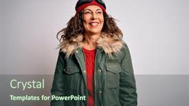  Presentation with white snow - Colorful theme enhanced with middle-age-skier-woman-wearing backdrop and a tawny brown colored foreground