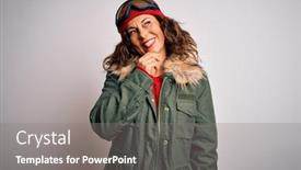  Presentation with white snow - Beautiful PPT theme featuring middle-age-skier-woman-wearing backdrop and a gray colored foreground