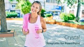  Presentation with water park - Slides enhanced with middle-age-sportswoman-smiling-happy background and a light blue colored foreground