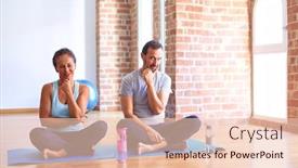  Presentation with exercise mat - Amazing slide deck having middle-age-sporty-couple-sitting backdrop and a lemonade colored foreground