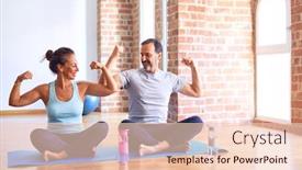  Presentation with exercise n old age - Slide deck featuring middle-age-sporty-couple-sitting background and a lemonade colored foreground