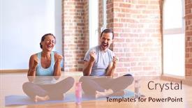  Presentation with exercise mat - Amazing theme having middle-age-sporty-couple-sitting backdrop and a lemonade colored foreground