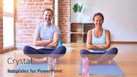  Presentation with exercise mat - PPT theme consisting of middle-age-sporty-couple-sitting background and a coral colored foreground