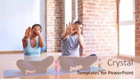  Presentation with exercise mat - Cool new slide deck with middle-age-sporty-couple-sitting backdrop and a lemonade colored foreground