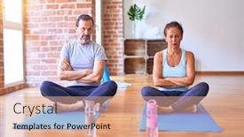  Presentation with exercise mat - Colorful presentation enhanced with middle-age-sporty-couple-sitting backdrop and a coral colored foreground