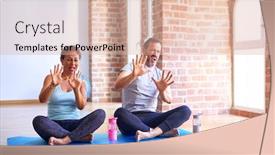  Presentation with exercise mat - Audience pleasing theme consisting of middle-age-sporty-couple-sitting backdrop and a coral colored foreground
