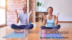  Presentation with exercise mat - Colorful presentation enhanced with middle-age-sporty-couple-sitting backdrop and a coral colored foreground
