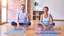  Presentation with exercise mat - Amazing slides having middle-age-sporty-couple-sitting backdrop and a coral colored foreground