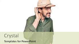  Presentation with explorer - Presentation theme featuring middle-age-tourist-man background and a soft green colored foreground