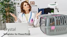  Presentation with working - Presentation design featuring middle-age-veterinarian-woman-working and a light gray colored foreground