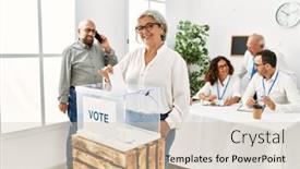  Presentation with box - Presentation enhanced with middle-age-voter-woman-smiling background and a soft green colored foreground