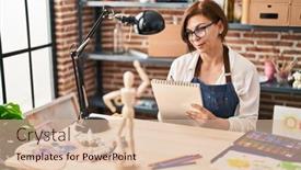 Presentation with art - PPT layouts having middle-age-woman-artist-drawing background and a lemonade colored foreground