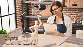  Presentation with art - Presentation theme consisting of middle-age-woman-artist-drawing background and a lemonade colored foreground