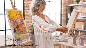  Presentation with art - Theme with middle-age-woman-artist-looking background and a  colored foreground
