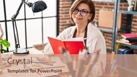  Presentation with reading - Presentation design with middle-age-woman-artist-reading background and a coral colored foreground