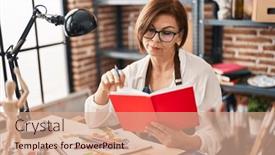  Presentation with reading - PPT theme having middle-age-woman-artist-reading background and a coral colored foreground