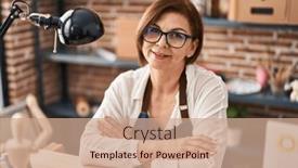  Presentation with art - Presentation theme featuring middle-age-woman-artist-smiling background and a coral colored foreground