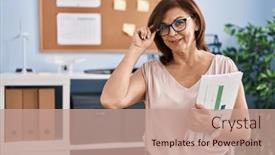  Presentation with paperwork - Slide set having middle-age-woman-business-worker background and a coral colored foreground
