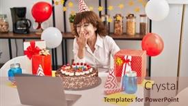  Presentation with birthday - Presentation theme featuring middle-age-woman-celebrating-birthday background and a coral colored foreground