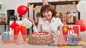  Presentation with happy birthday cake - Slide set with middle-age-woman-celebrating-birthday background and a coral colored foreground