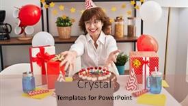  Presentation with romantic birthday couple celebrate - PPT theme consisting of middle-age-woman-celebrating-birthday background and a coral colored foreground