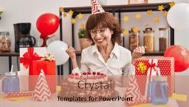  Presentation with birthday cake - Presentation theme consisting of middle-age-woman-celebrating-birthday background and a coral colored foreground