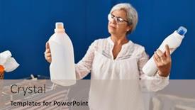  Presentation with laundry detergent - PPT theme with middle-age-woman-choosing-detergent background and a mint green colored foreground