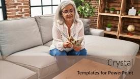  Presentation with counting - Presentation design consisting of middle-age-woman-counting-sloty background and a coral colored foreground