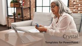  Presentation with counting - Presentation design having middle-age-woman-counting-sloty background and a coral colored foreground