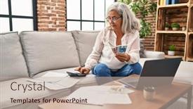  Presentation with counting - PPT layouts featuring middle-age-woman-counting-sloty background and a mint green colored foreground