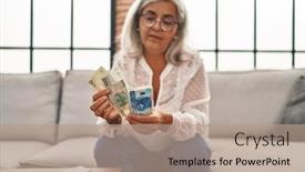  Presentation with counting - Slides with middle-age-woman-counting-sloty background and a coral colored foreground