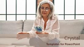  Presentation with counting - PPT theme featuring middle-age-woman-counting-sloty background and a mint green colored foreground