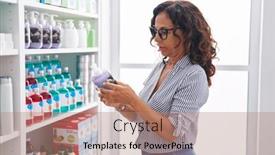  Presentation with lotion - PPT theme having middle-age-woman-customer-holding background and a coral colored foreground