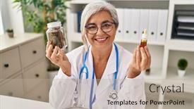  Presentation with cbd - PPT layouts featuring middle-age-woman-doctor-holding background and a mint green colored foreground