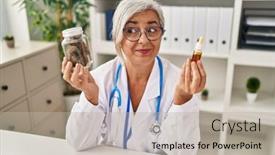  Presentation with cbd - Theme consisting of middle-age-woman-doctor-holding background and a mint green colored foreground