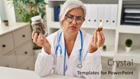  Presentation with woman crying - Slides consisting of middle-age-woman-doctor-holding background and a mint green colored foreground