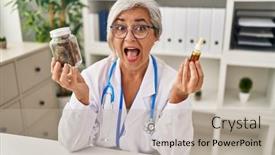  Presentation with cbd - PPT layouts featuring middle-age-woman-doctor-holding background and a mint green colored foreground