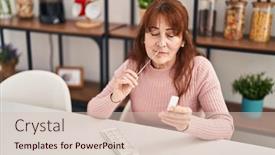  Presentation with antigen test - Presentation with middle-age-woman-doing-antigen background and a soft green colored foreground