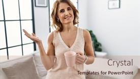  Presentation with hand palm - Presentation design consisting of middle-age-woman-drinking background and a coral colored foreground