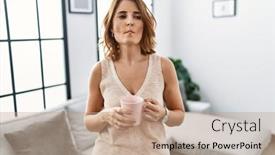  Presentation with comic face - Presentation design featuring middle-age-woman-drinking background and a coral colored foreground