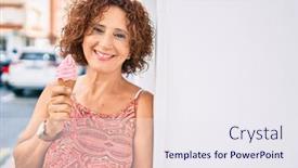  Presentation with wall street - Slide set with middle-age-woman-eating-ice background and a sky blue colored foreground